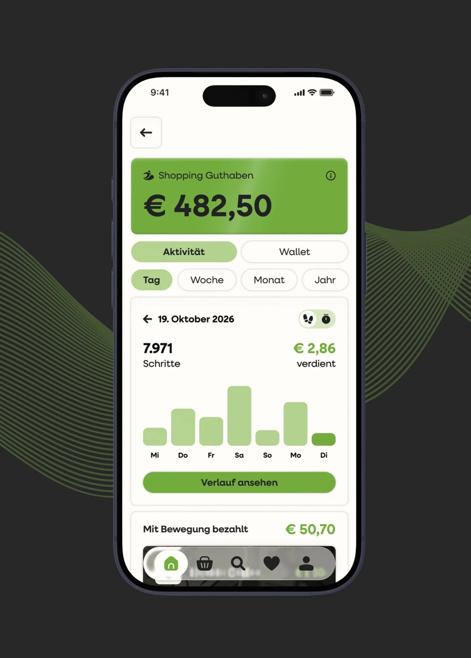 move2pay App: Shopping-Guthaben von 482,50 Euro mit Wochenübersicht, 7.971 Schritte und 2,86 Euro verdient