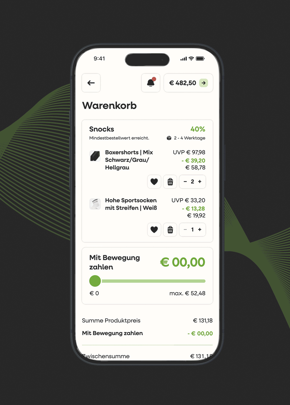 move2pay App: Warenkorb mit SNOCKS Boxershorts und Sportsocken, bezahlbar zu 40 Prozent mit Bewegung