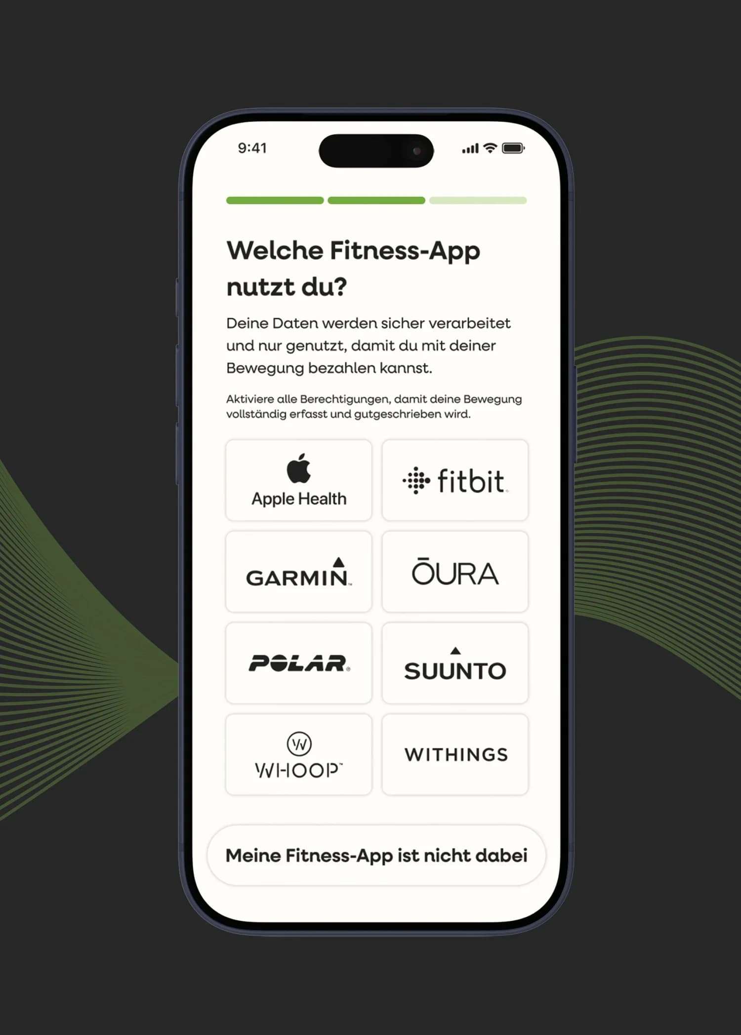 move2pay App: Auswahl der Fitness-App mit Apple Health, Fitbit, Garmin, Oura, Polar, Suunto, WHOOP und Withings