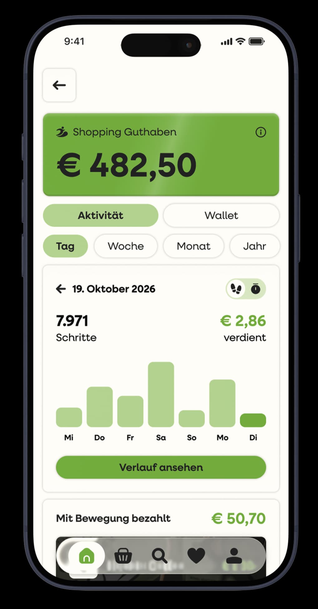 move2pay App mit Shopping-Guthaben von 482,50 Euro und der Aktivität des Tages